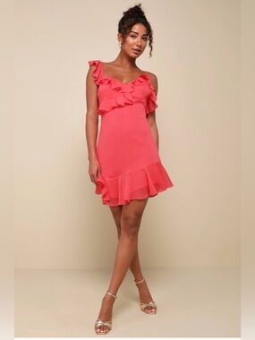 XL Lulu's Coral Pink One-Shoulder Ruffle Mini Dress